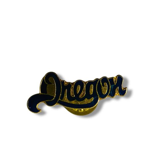 Vintage Oregon Lapel Pin Goldtone Navy Blue Script 1.25" - Picture 1 of 5